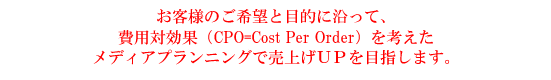 お客様のご希望と目的に沿って、費用対効果(CPO=Cost Per Order)を考えたメディアプランニングで売上げUPを目指します。
