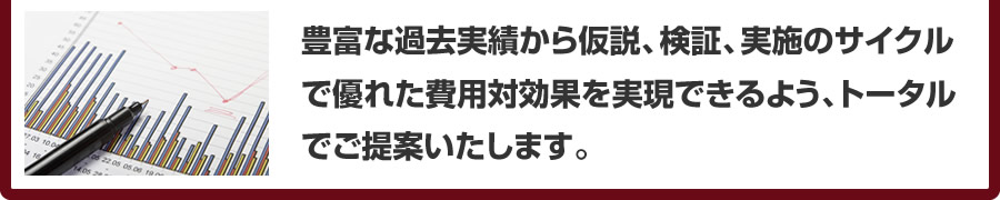 豊富な過去実績から仮説、検証、実施のサイクルで優れた費用対効果を実現できるよう、トータルでご提案いたします。