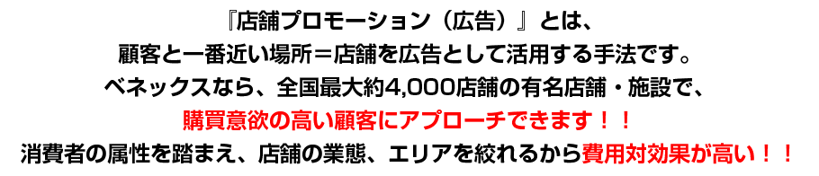 『店舗プロモーション（広告）』とは、顧客と一番近い場所＝店舗を広告として活用する手法です。ベネックスなら、全国最大約4,000店舗の有名店舗・施設で、購買意欲の高い顧客にアプローチできます！！消費者の属性を踏まえ、店舗の業態、エリアを絞れるから費用対効果が高い！！